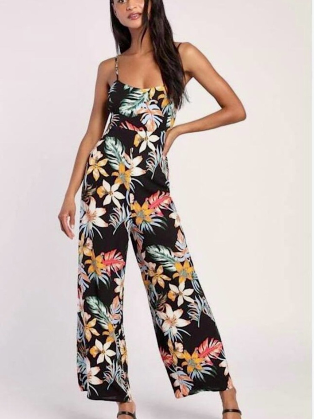 Lulus Barbados Bound Black Tropical Print Tie Back Romper SZ SM GUC (worn once)